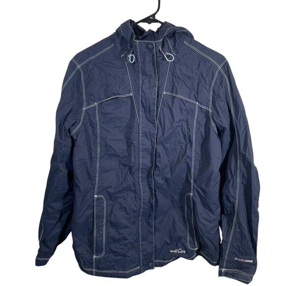 Eddie Bauer Rain Jacket Womens Large WeatherEdge Waterproof Hooded Blue Pockets - Picture 1 of 8
